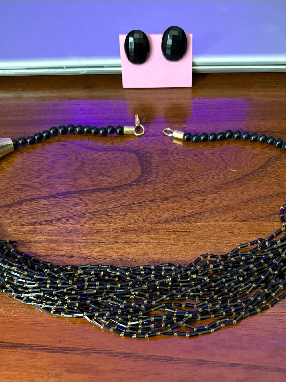 Vintage Black Multi-Strand Beaded Necklace with Matching Black Oval Earrings